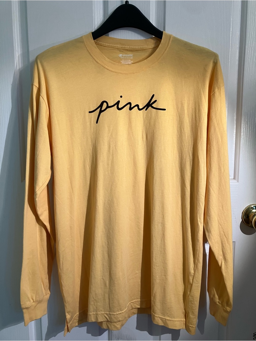 PINK Victoria's Secret Long Sleeve Tee in Pale Yellow with Black Script